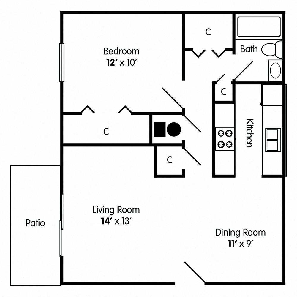 Floor plan for 1 bed, 1 bath, 648 sqft